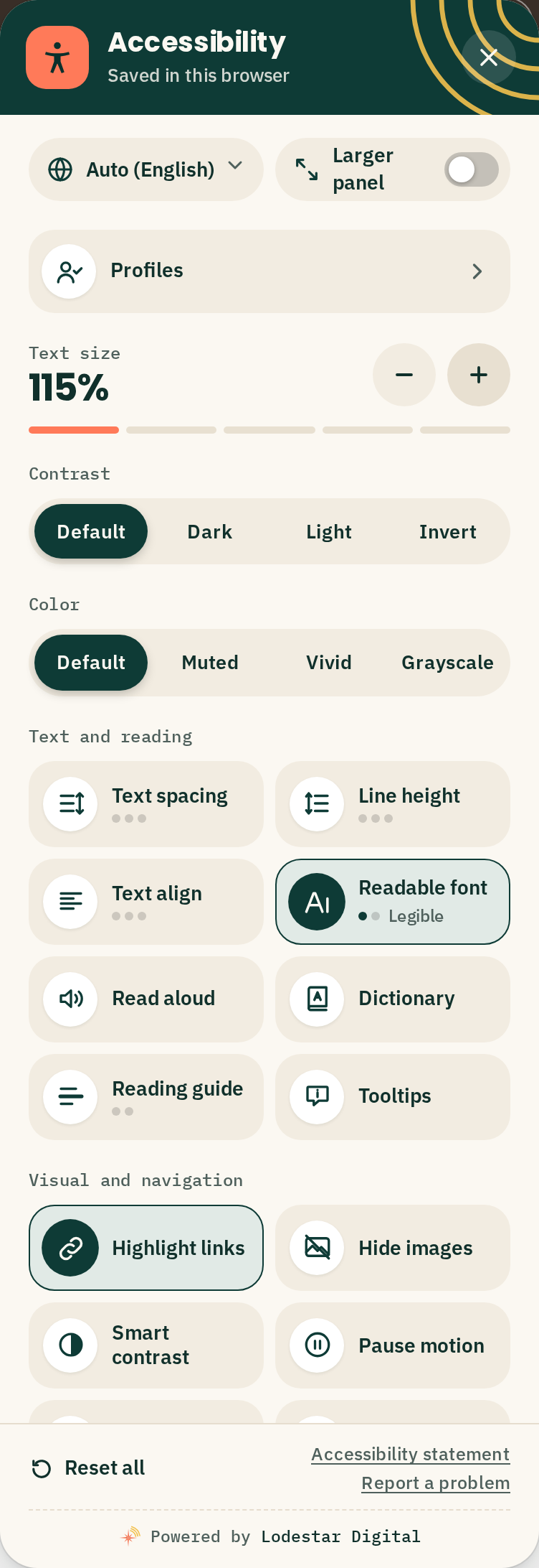 The Lodestar accessibility toolbar open on a website, showing controls for text size, contrast, colour, reading tools and page structure.